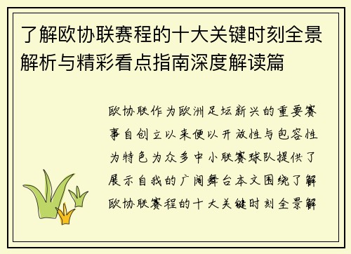 了解欧协联赛程的十大关键时刻全景解析与精彩看点指南深度解读篇